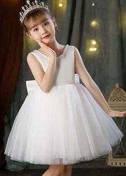 Elegant White Backless Pearl Tulle Girls Princess Dress Sleeveless