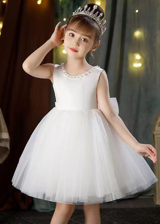 Elegant White Backless Pearl Tulle Girls Princess Dress Sleeveless