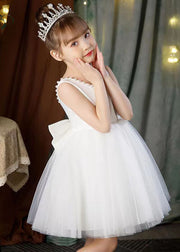 Elegant White Backless Pearl Tulle Girls Princess Dress Sleeveless