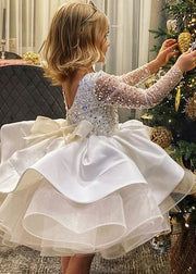 Elegant White Backless Sequins Patchwork Tulle Kids Mid Dresses Fall