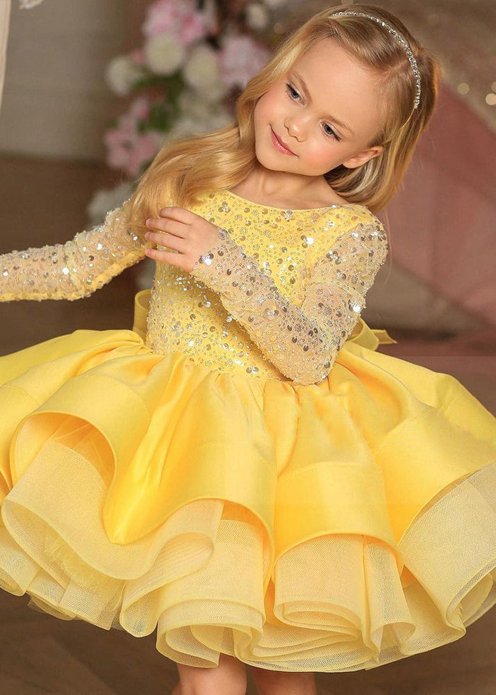 Elegant White Backless Sequins Patchwork Tulle Kids Mid Dresses Fall