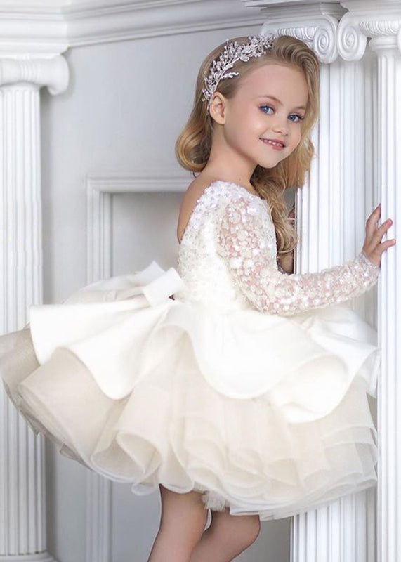 Elegant White Backless Sequins Patchwork Tulle Kids Mid Dresses Fall