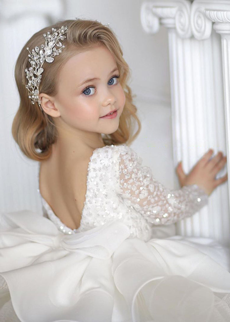 Elegant White Backless Sequins Patchwork Tulle Kids Mid Dresses Fall