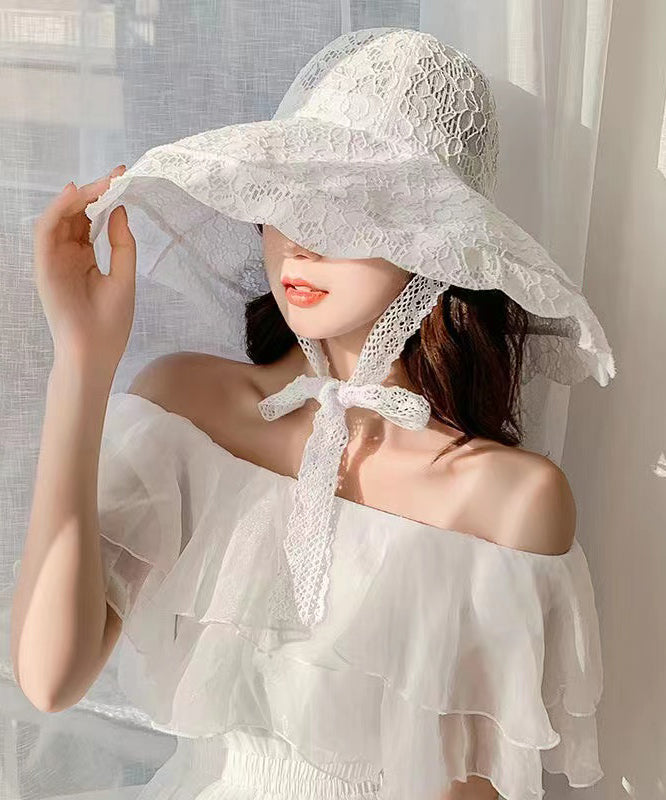 Elegant White Beach Lace Up Big Brim Sun Hat