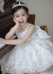 Elegant White Bow Sequins Patchwork Tulle Girls Mid Dress Summer