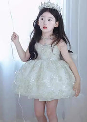 Elegant White Bow Sequins Patchwork Tulle Girls Mid Dress Summer