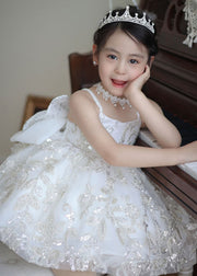 Elegant White Bow Sequins Patchwork Tulle Girls Mid Dress Summer