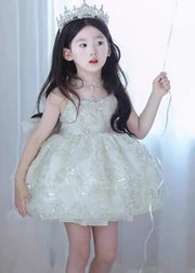 Elegant White Bow Sequins Patchwork Tulle Girls Mid Dress Summer