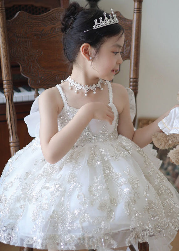 Elegant White Bow Sequins Patchwork Tulle Girls Mid Dress Summer