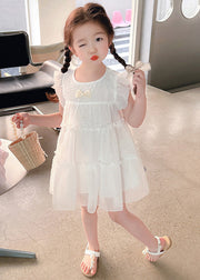 Elegant White Bow Tulle Kids A Line Mid Dresses Summer