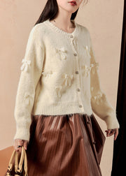 Elegant White Button Bow Patchwork Cotton Knit Sweaters Winter