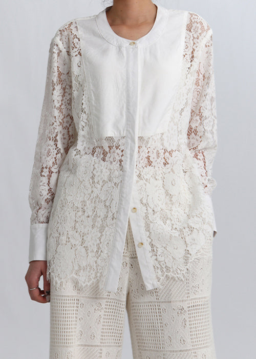 Elegant White Button Hollow Out Lace Blouses Spring