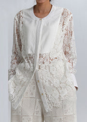 Elegant White Button Hollow Out Lace Blouses Spring