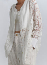 Elegant White Button Hollow Out Lace Blouses Spring