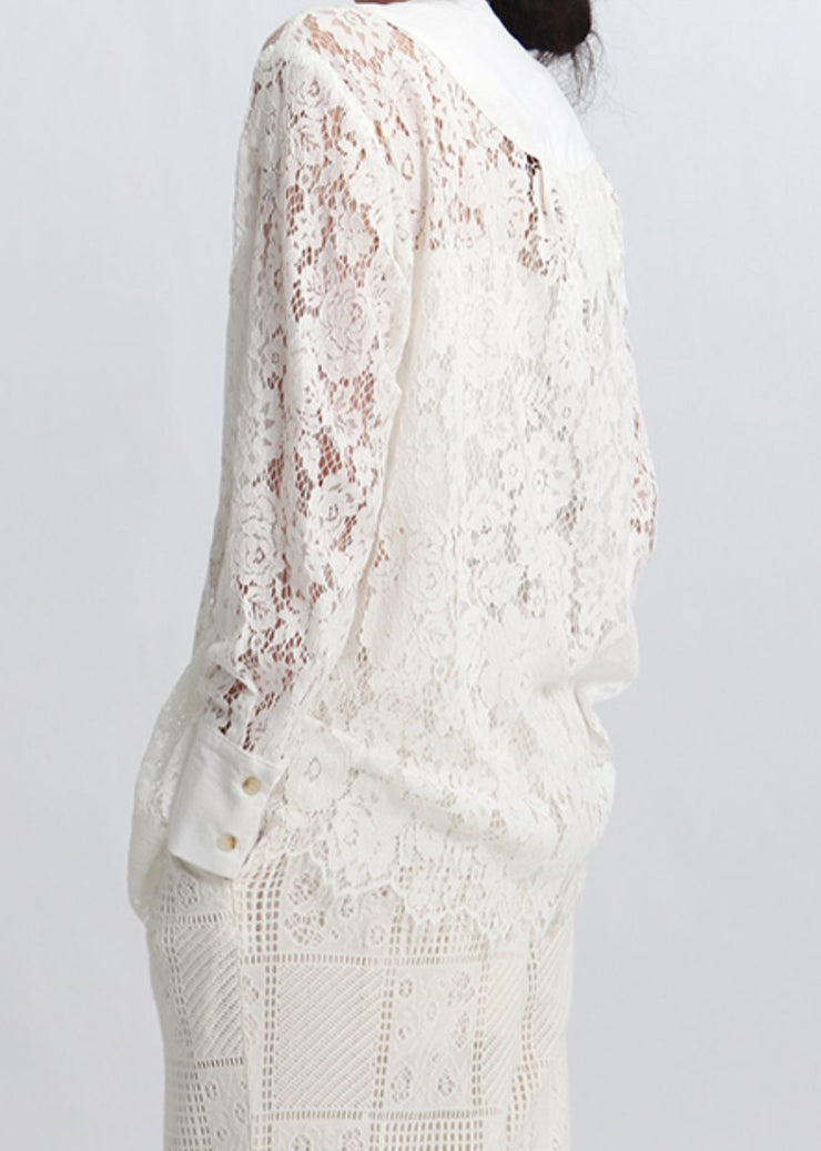 Elegant White Button Hollow Out Lace Blouses Spring