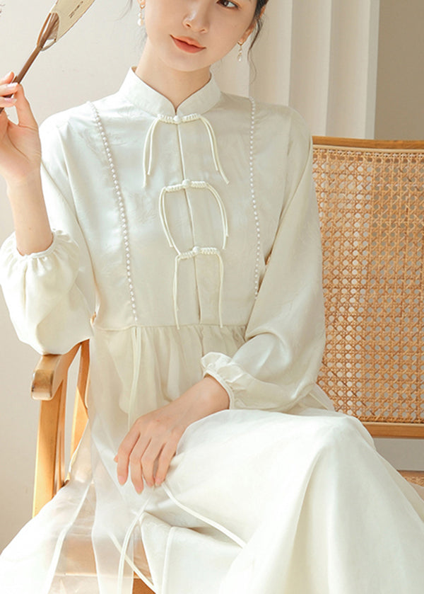 Elegant White Chinese Button Silm Fit Silk Dress Fall