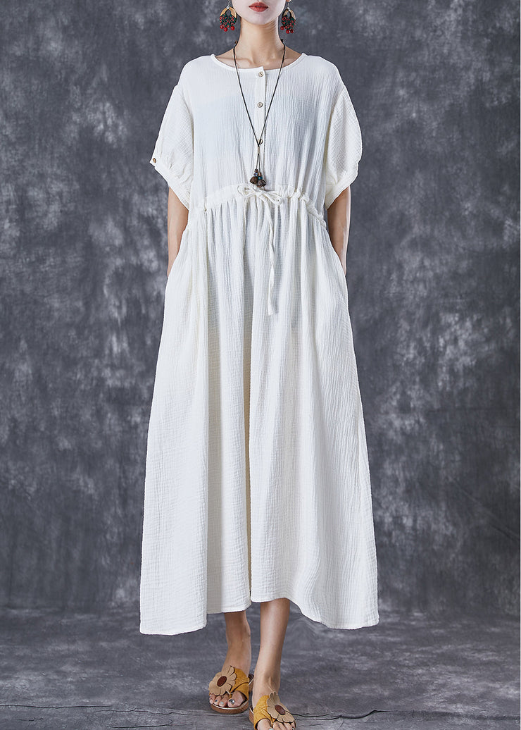 Elegant White Cinched Pockets Cotton Holiday Dress Summer