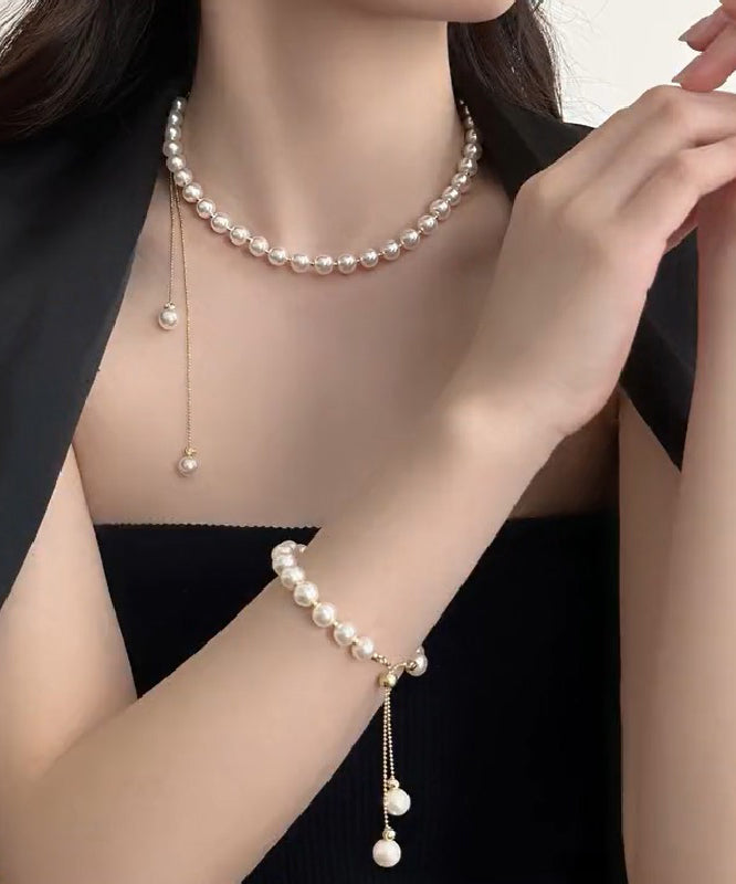 Elegant White Copper Alloy Pearl Tassel Charm Bracelet And Gratuated Bead Necklace Two Piece Set