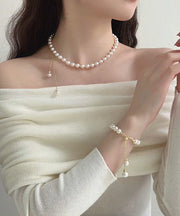 Elegant White Copper Alloy Pearl Tassel Charm Bracelet And Gratuated Bead Necklace Two Piece Set