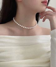 Elegant White Copper Alloy Pearl Tassel Charm Bracelet And Gratuated Bead Necklace Two Piece Set