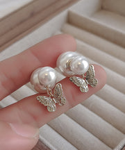 Elegant White Copper Butterfly Pearl Stud Earrings