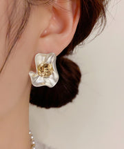 Elegant White Copper Overgild Floral Stud Earrings