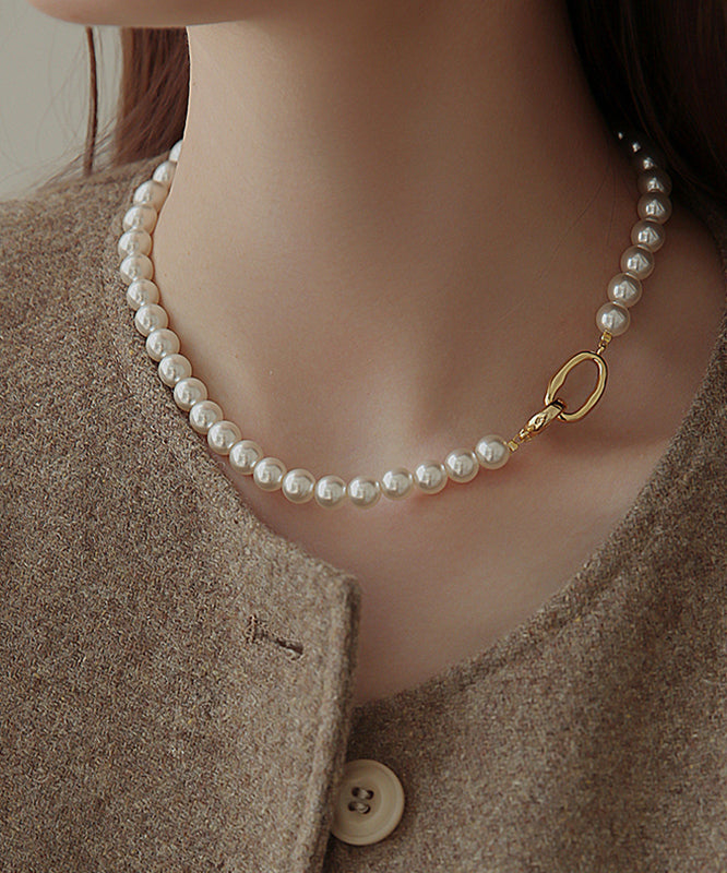 Elegant White Copper Overgild Pearl Gratuated Bead Necklace