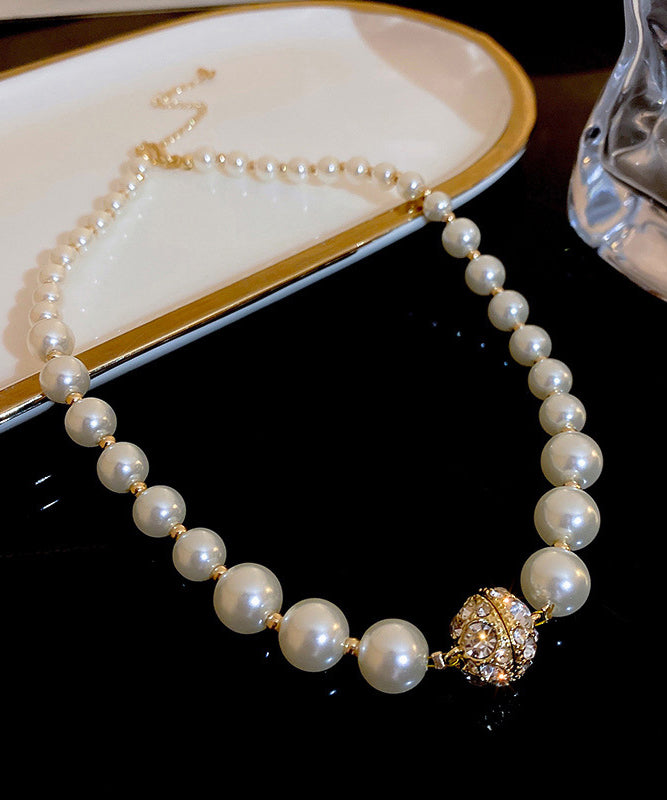 Elegant White Copper Pearl Zircon Collar Necklace