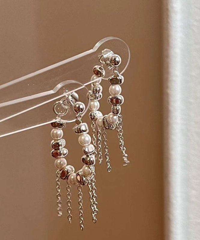 Elegant White Copper Silver Plating Pearl Tassel Drop Earrings