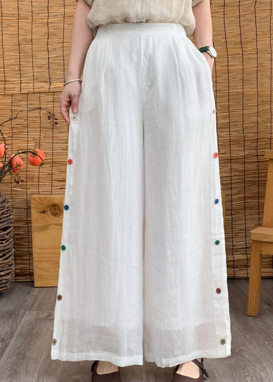 Elegant White Elastic Waist Linen Wide Leg Pants Summer