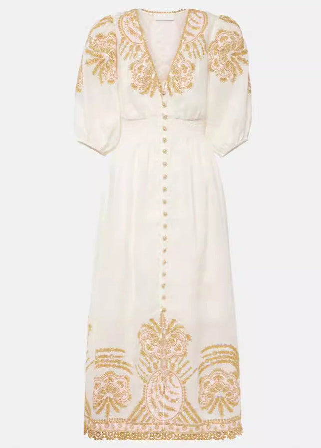 Elegant White Embroidered Button Cotton Long Dresses Summer