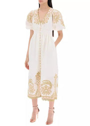 Elegant White Embroidered Button Cotton Long Dresses Summer