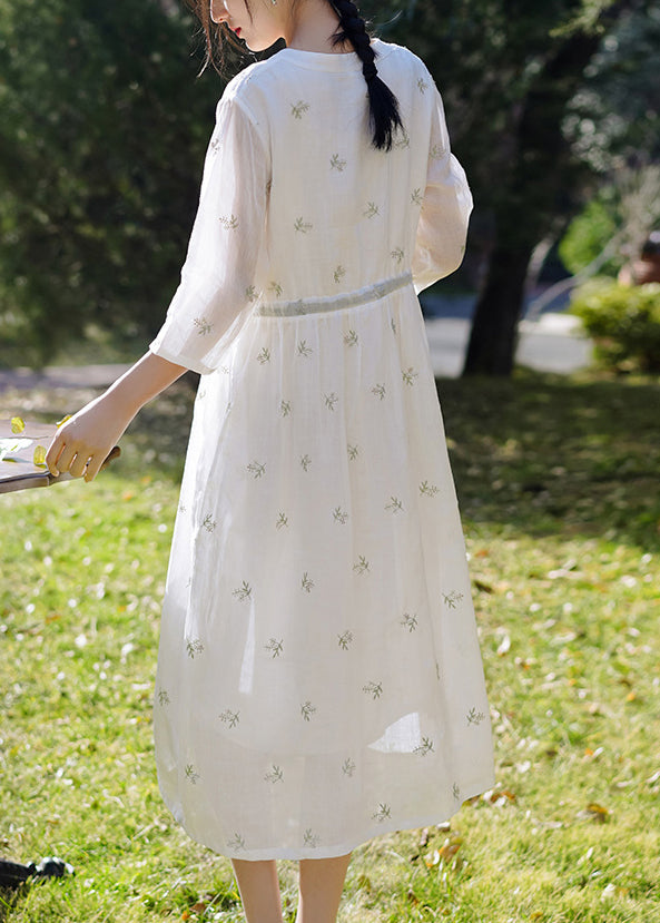 Elegant White Embroidered Button Linen Dress Spring