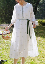 Elegant White Embroidered Button Linen Dress Spring