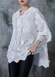 Elegant White Embroidered Floral Oriental Shirt Tops Summer