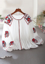 Elegant White Embroidered Floral Shirt Lantern Sleeve