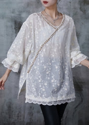 Elegant White Embroidered Floral Zircon Cotton Shirt Tops Summer