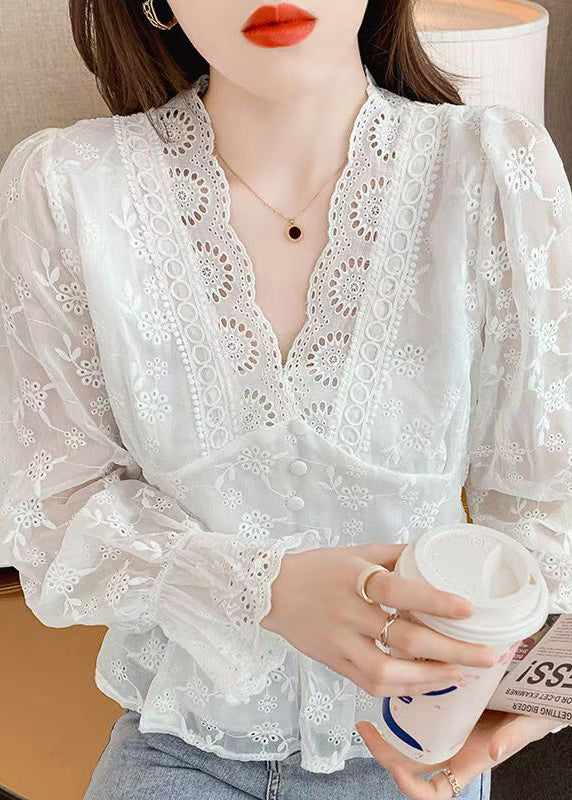 Elegant White Embroidered Hollow Out Cotton Blouses Spring