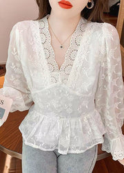 Elegant White Embroidered Hollow Out Cotton Blouses Spring