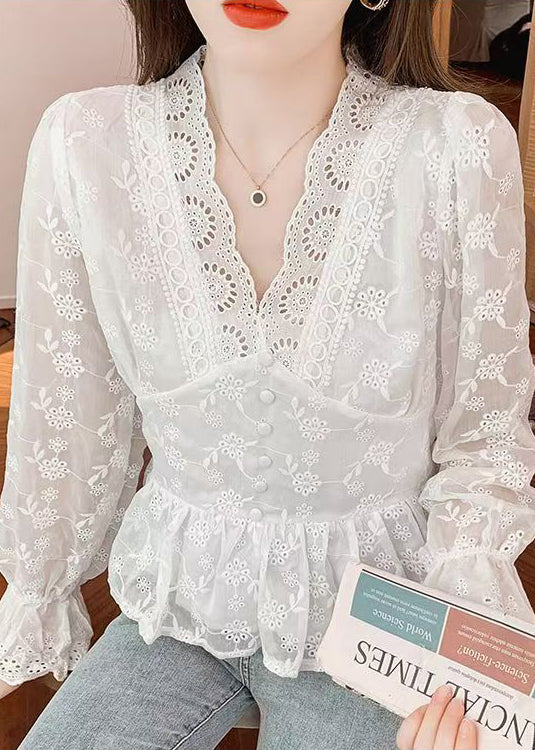 Elegant White Embroidered Hollow Out Cotton Blouses Spring