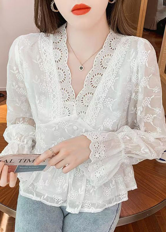 Elegant White Embroidered Hollow Out Cotton Blouses Spring