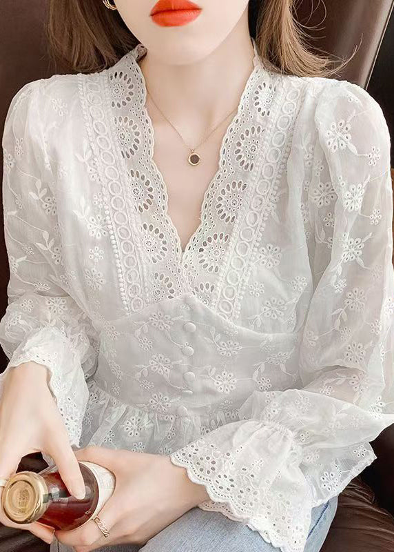 Elegant White Embroidered Hollow Out Cotton Blouses Spring