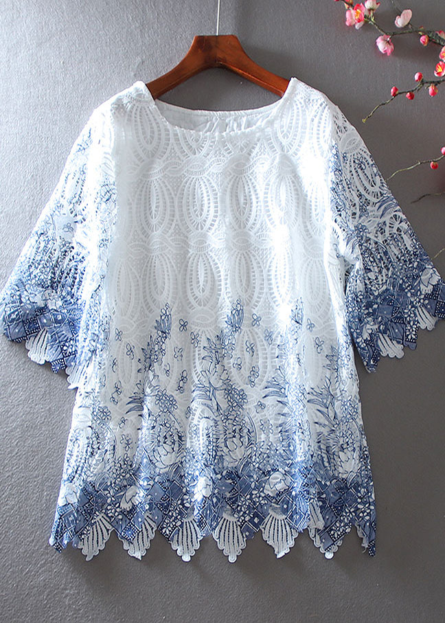 Elegant White Embroidered Hollow Out Lace Shirt Top Summer