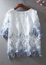 Elegant White Embroidered Hollow Out Lace Shirt Top Summer