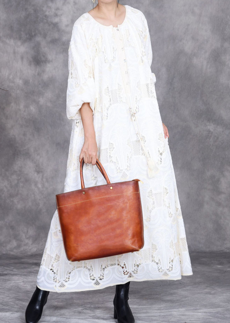 Elegant White Embroidered Hollow Out Long Dress Half Sleeve