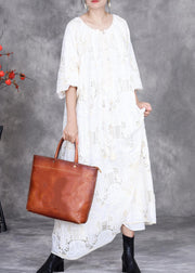 Elegant White Embroidered Hollow Out Long Dress Half Sleeve