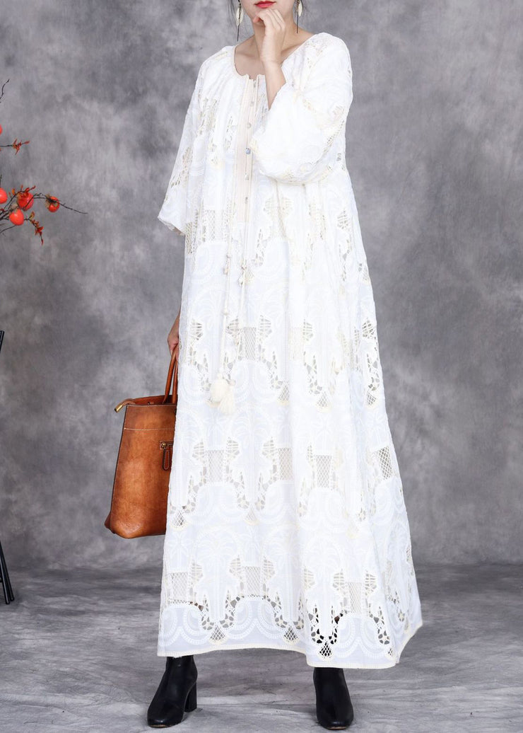 Elegant White Embroidered Hollow Out Long Dress Half Sleeve