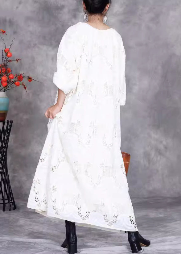 Elegant White Embroidered Hollow Out Long Dress Half Sleeve