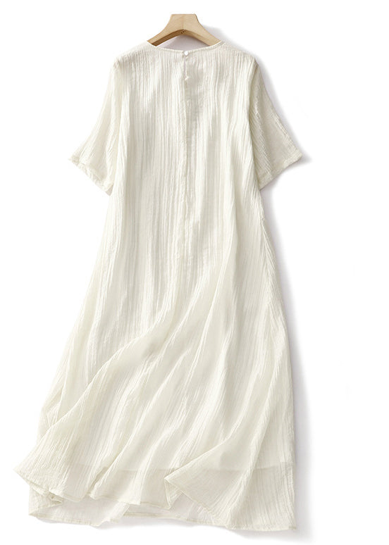 Elegant White Embroidered Solid Linen Long Dresses Summer