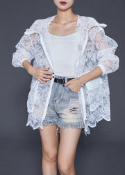 Elegant White Embroidered Drawstring Pockets Cotton Coat Outwear Fall